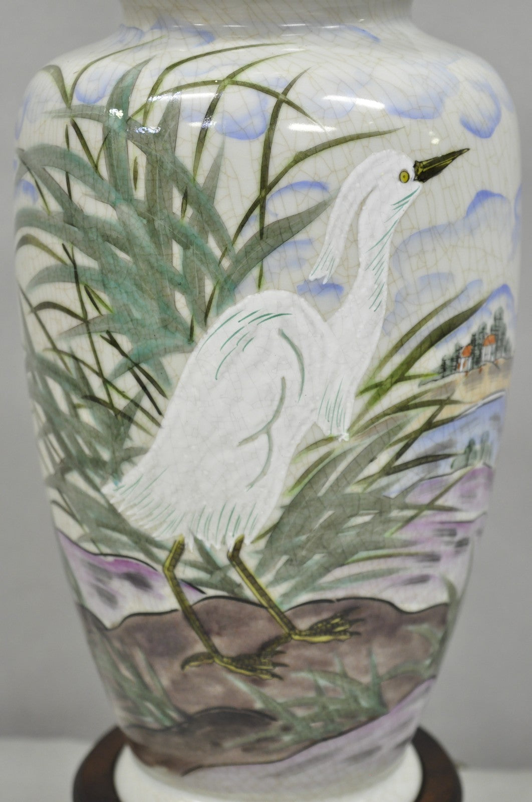 Vintage Chinoiserie Chinese Porcelain Jardiniere Table Lamp w Painted Crane Bird