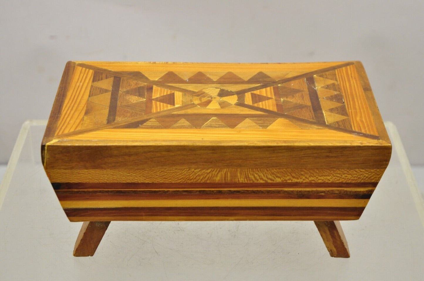 Vintage Folk Art Marquetry Inlay Small Footstool Ottoman Stool
