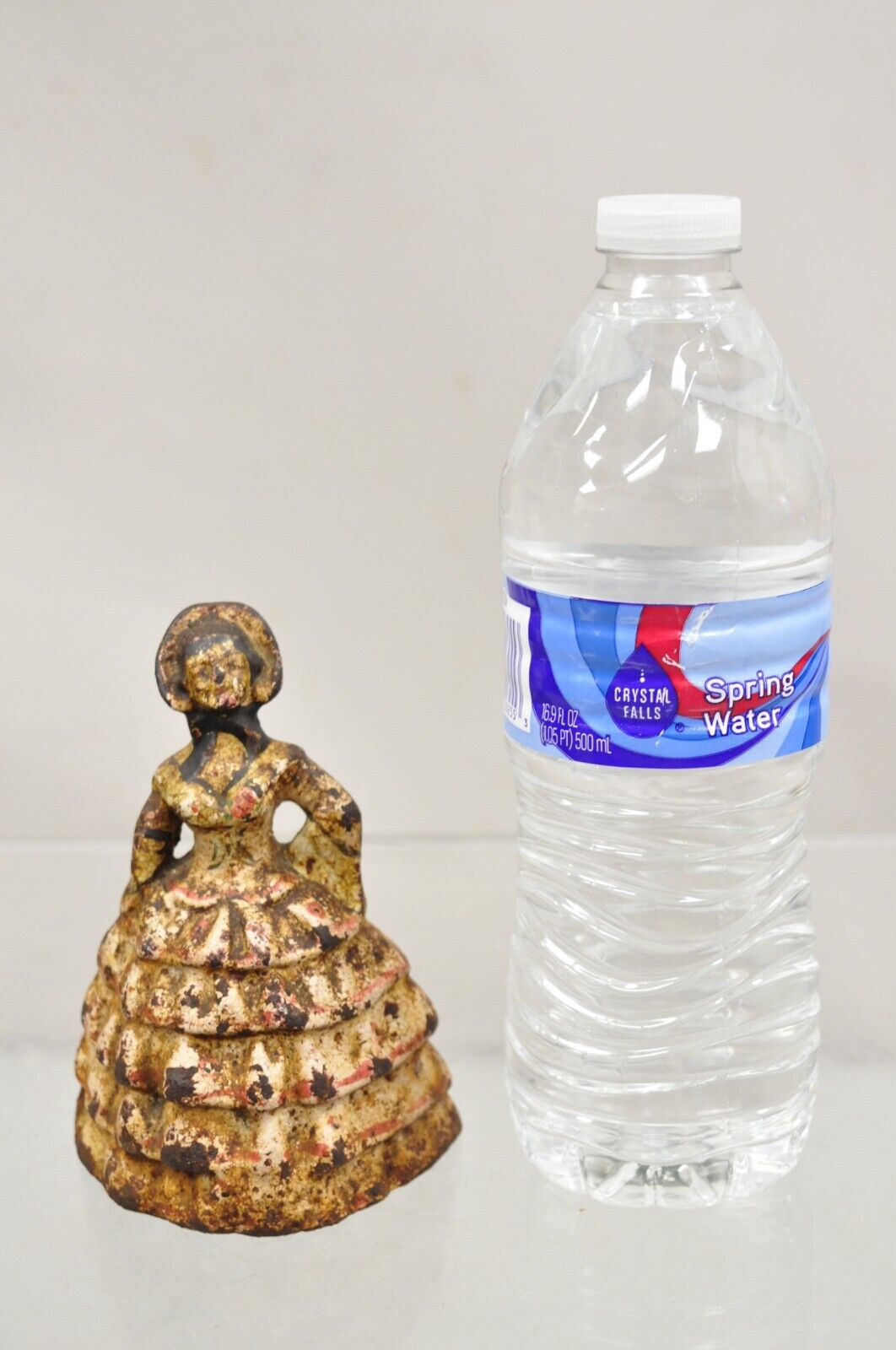 Antique Victorian Cast Iron Figural Painted Small Hoop Skirt Girl Door Stop