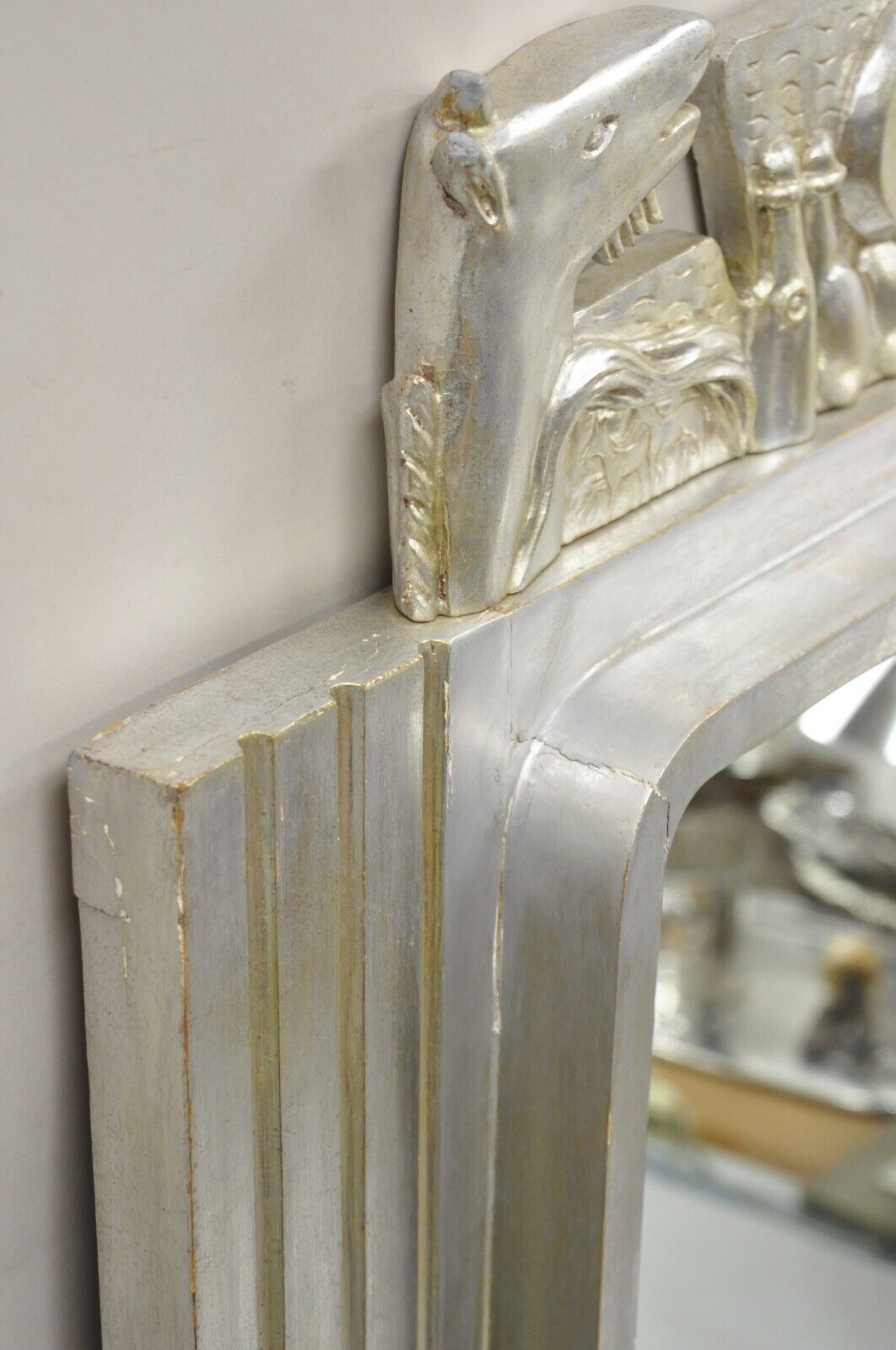 Vintage Italian Modern Figural Relief Carved Silver Leaf Wall Mirrors - a Pair