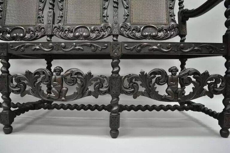 Jacobean Renaissance Barley Twist Cherub Carved Parlor Loveseat Bench Settee