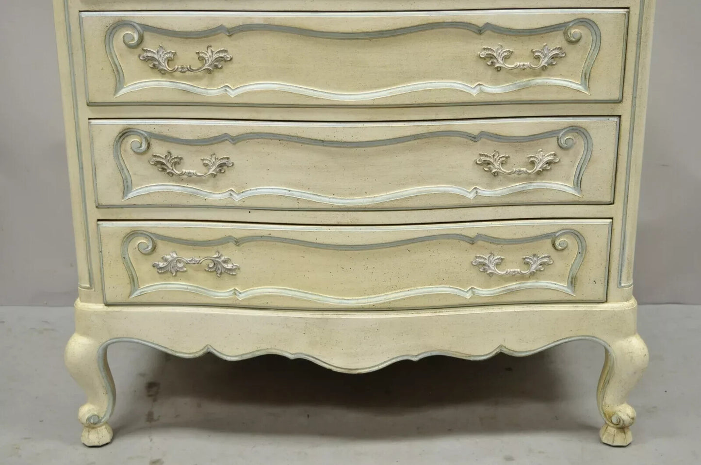 Vintage French Provincial Cream & Blue 9 Drawer Narrow 65" Tall Chest Dresser
