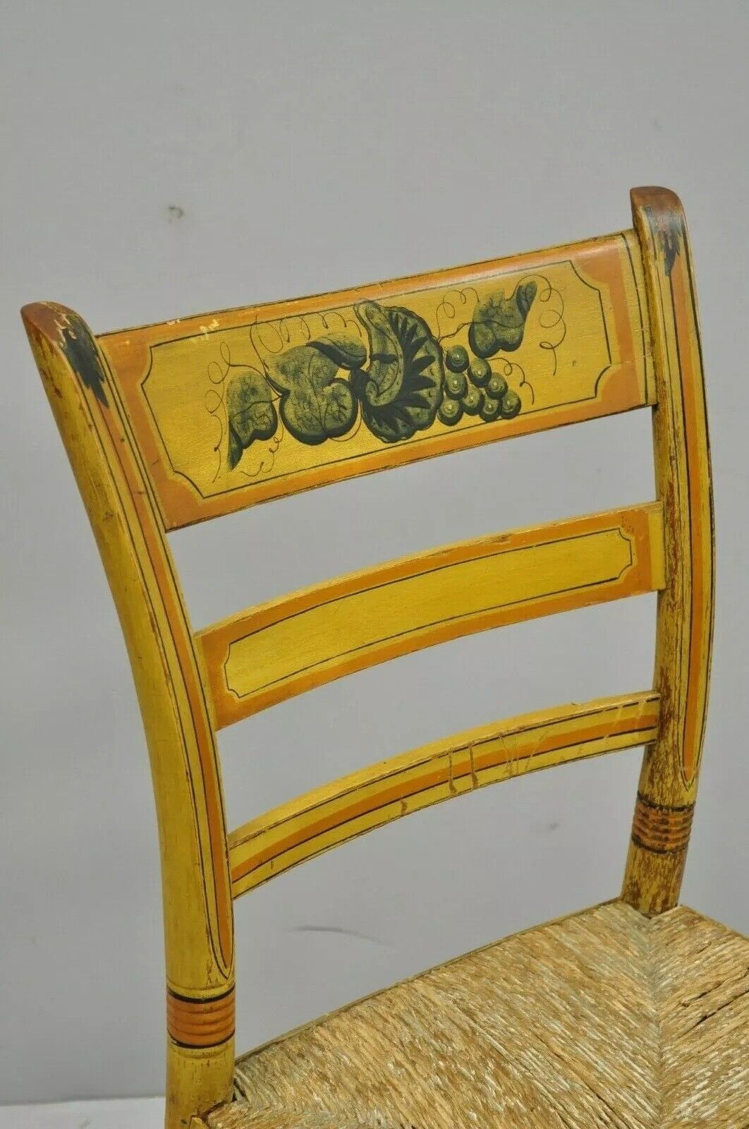 Antique Hitchcock Style Slat Back Rush Seat Yellow Paint Stencil Side Chair (A)