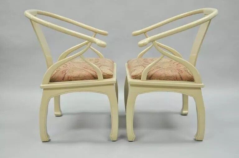 Vintage Oriental Horseshoe Ming Style Cream Lacquered Lounge Chairs - a Pair
