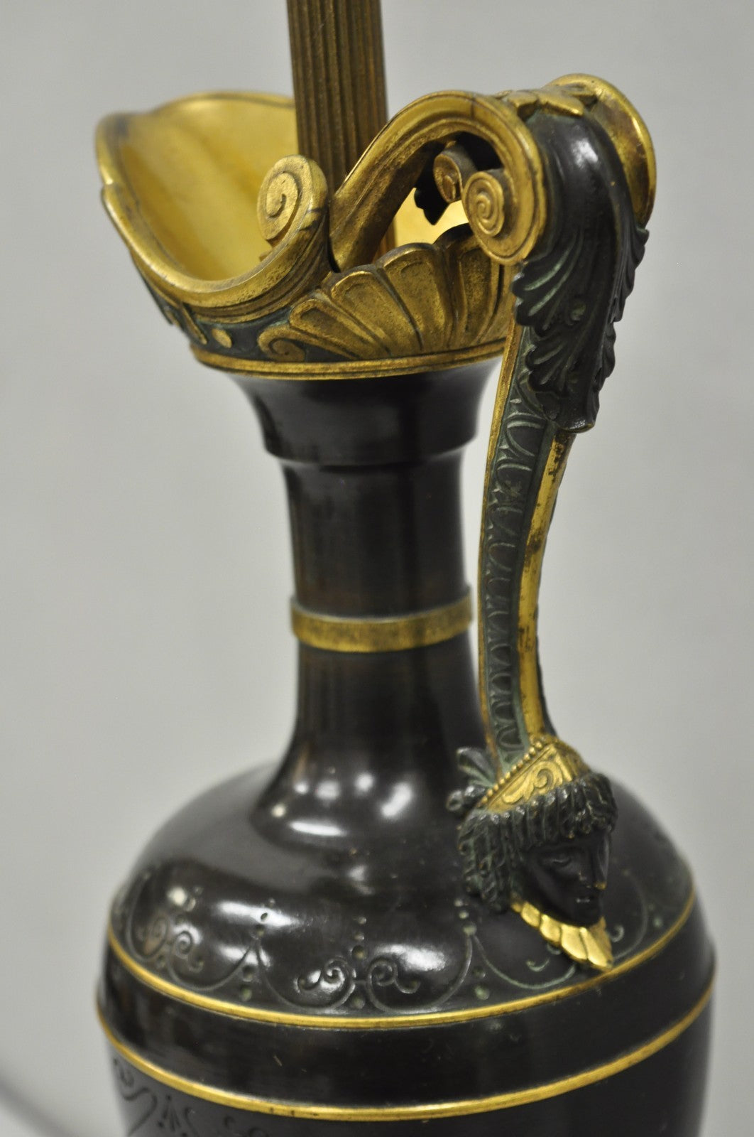 Antique French Neoclassical Patinated & Gilt Bronze Figural Ewer Urn Table Lamp