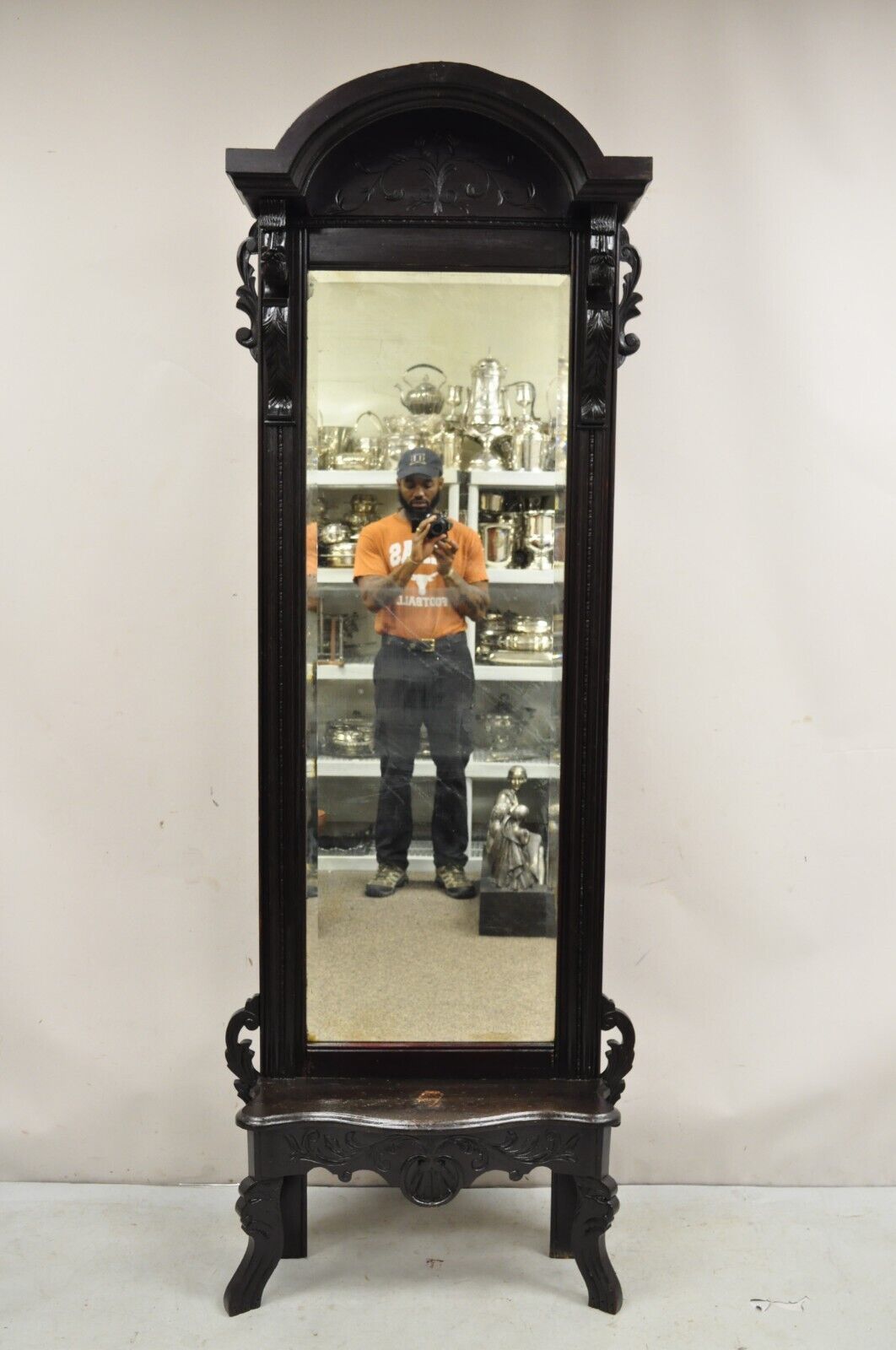 Antique Victorian Carved Walnut Tall Hall Entryway Pier Mirror with Figures