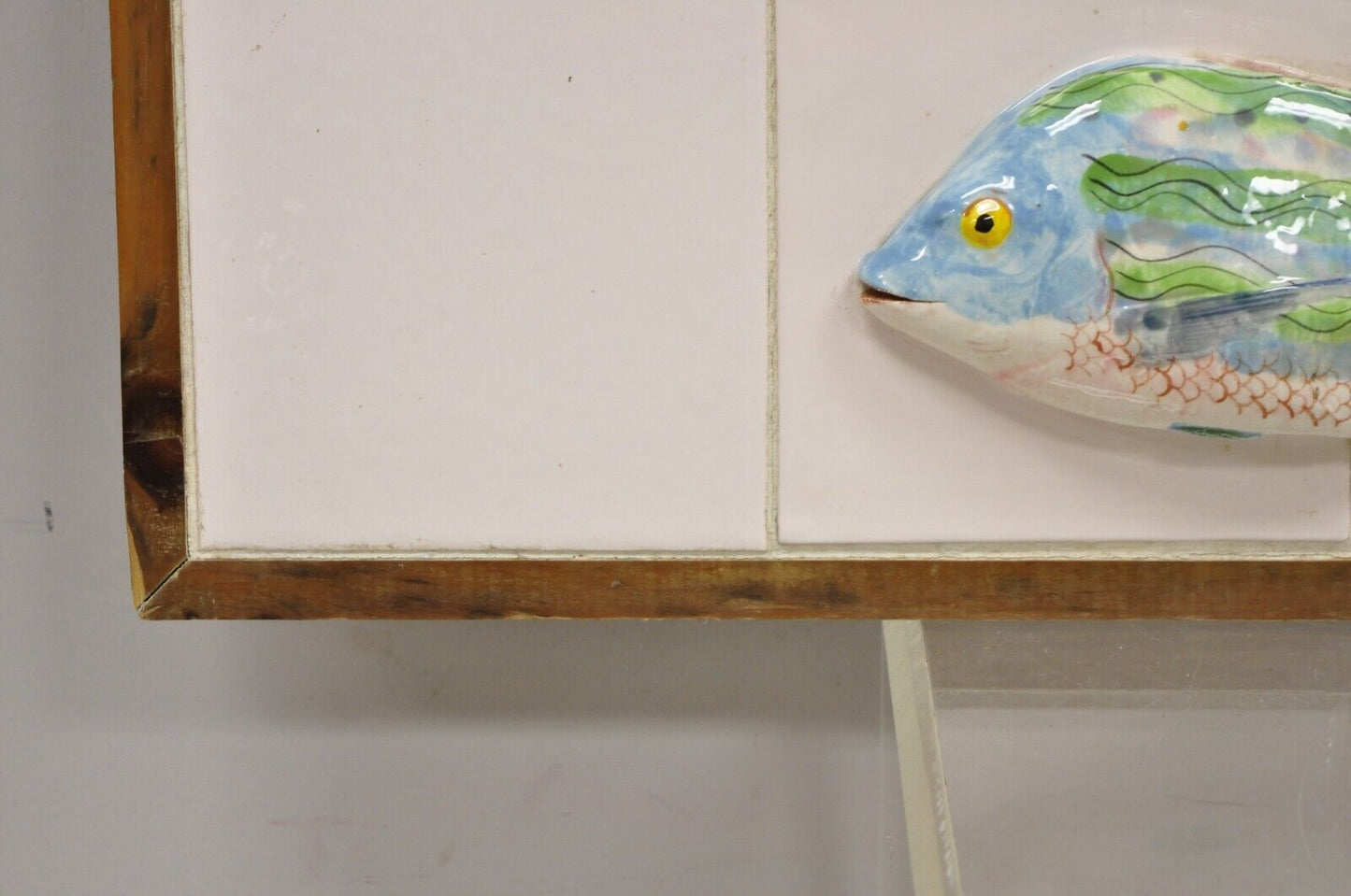Vintage Mid Century Modern Glazed Ceramic Tile Framed Blue Green Fish Wall Art