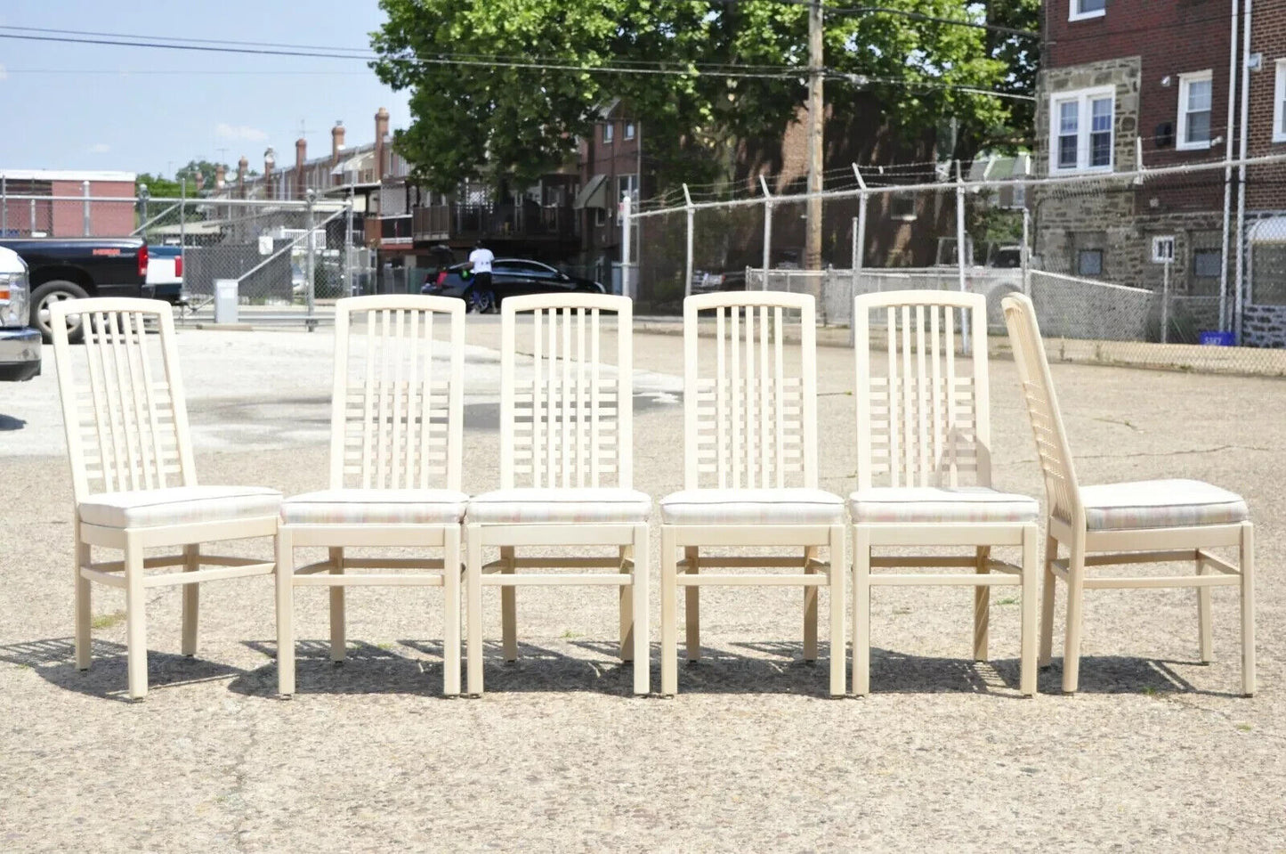 Vintage Postmodern Cream Lacquered Cross Slat Back Dining Side Chairs - Set of 6