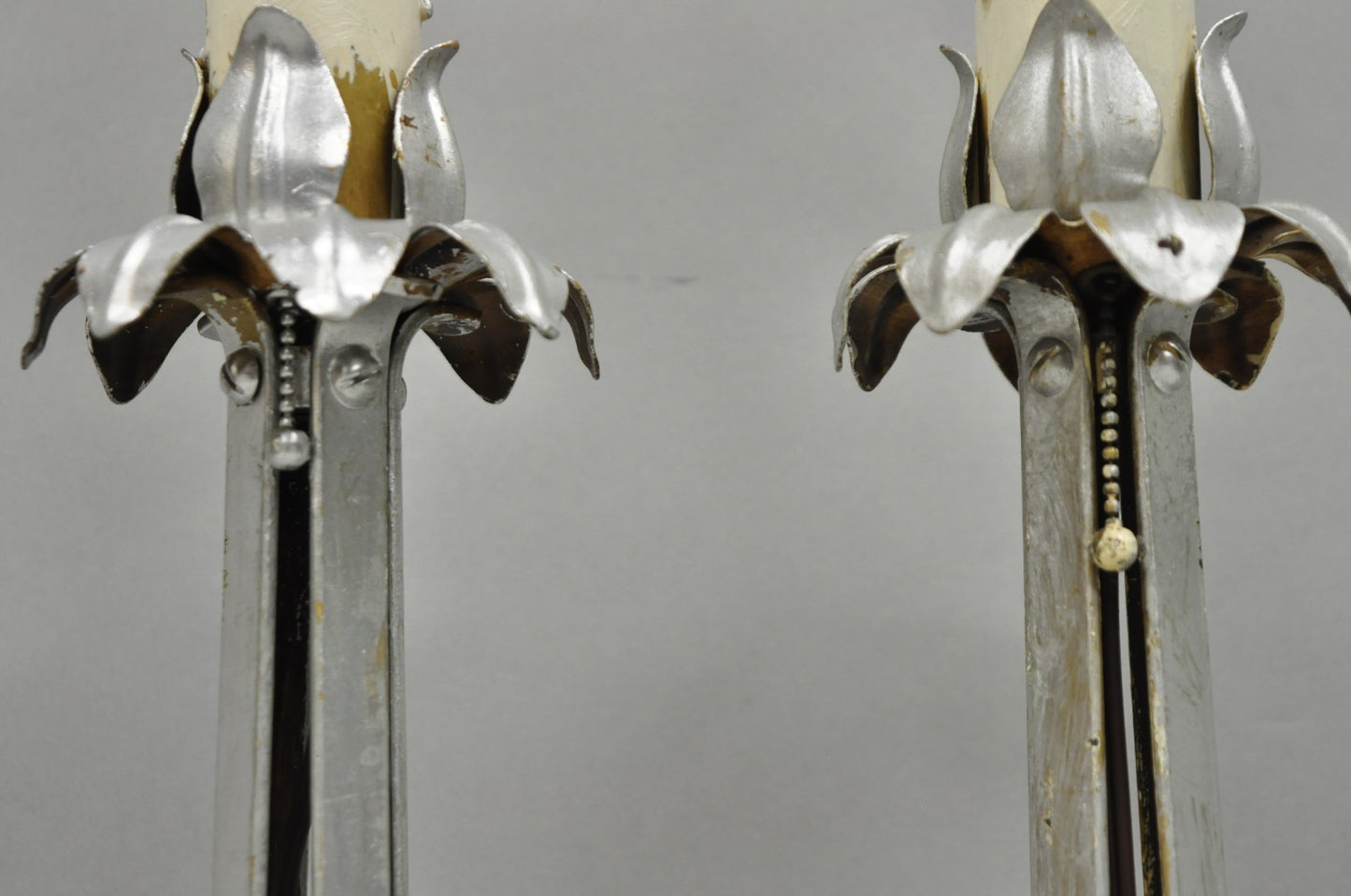 Antique Art Nouveau Wrought Iron Silver Painted Petite Boudoir Table Lamps, Pair