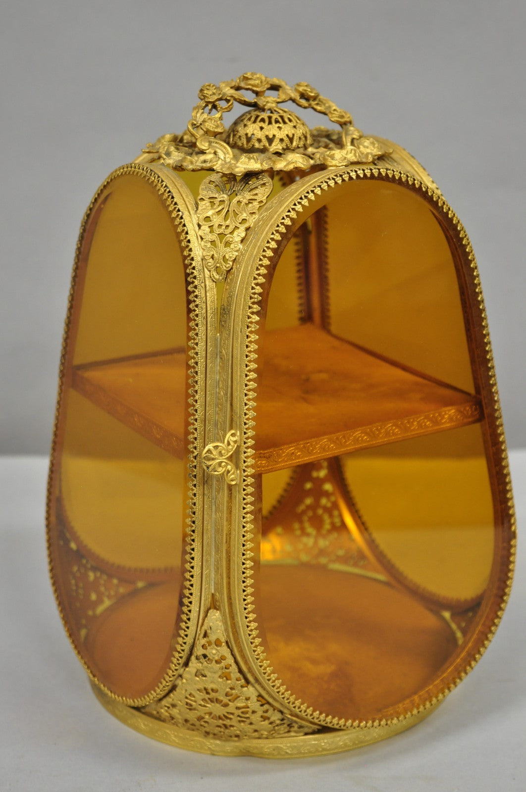Vintage French Victorian Amber Glass Gold Filigree Vanity Jewelry Box Casket