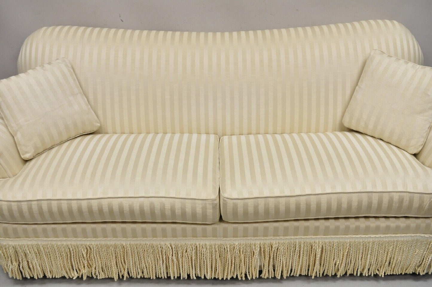 Ethan Allen Contemporary Rolled Arm Gold Striped Upholstered Sofa with Skirt