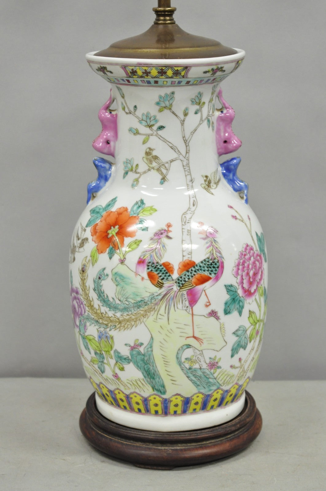 Vintage Oriental Porcelain Jardiniere Vase Bird and Flower Painted Table Lamp