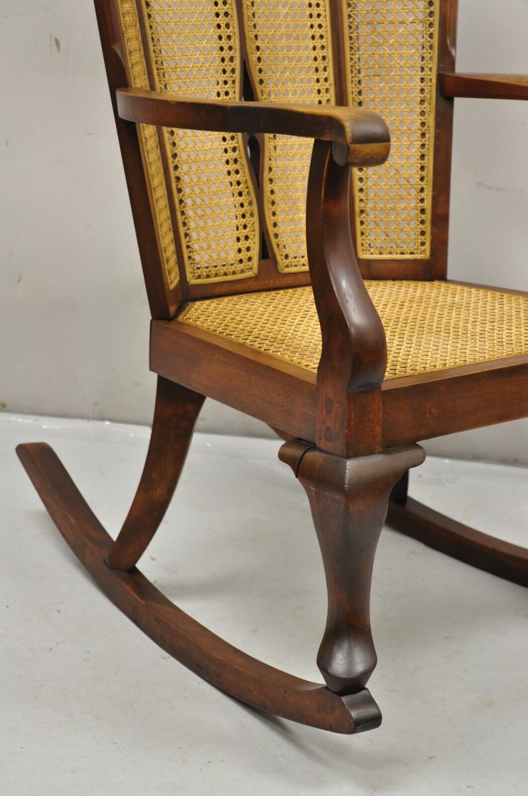 Antique Victorian Walnut and Cane Carved Rocker Rocking Chair Queen Anne Legs