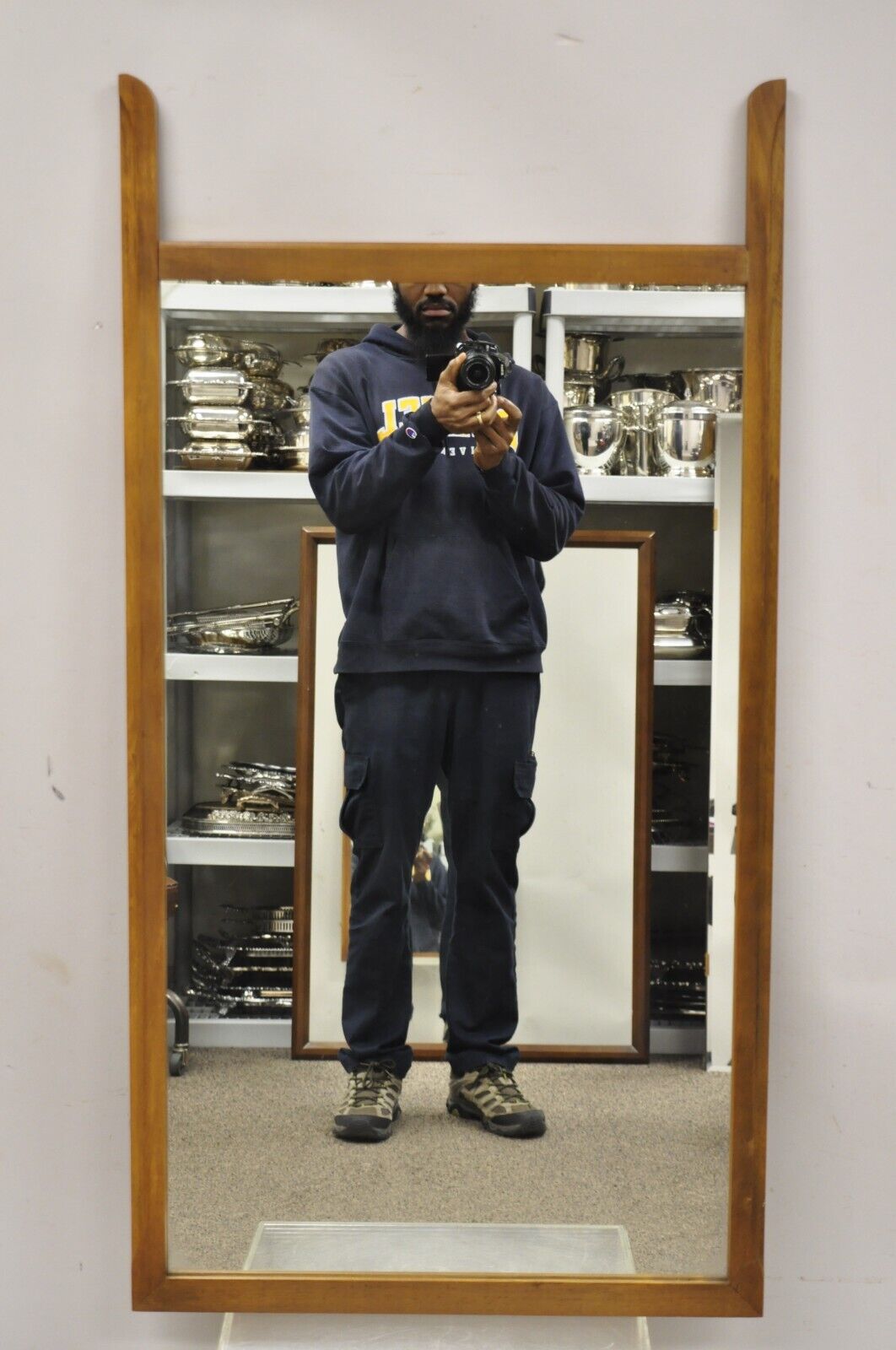 Vintage Mid Century Modern Sculpted Walnut Finial Modernist Wall Mirror