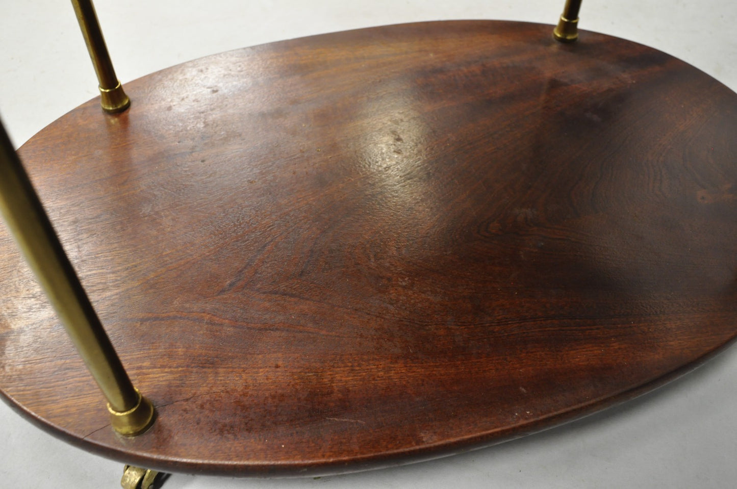 English Campaign Style Mahogany & Brass Oval 3 Tier Rolling Bar Cart Side Table