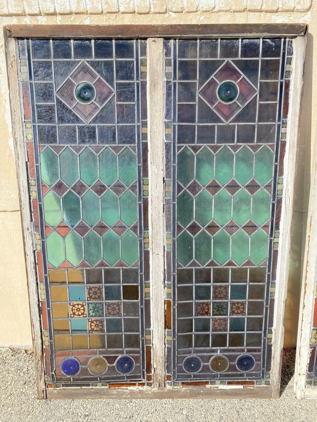 Antique Victorian 70 x 48 Double Stained Glass Window Pink Blue Green Jeweled