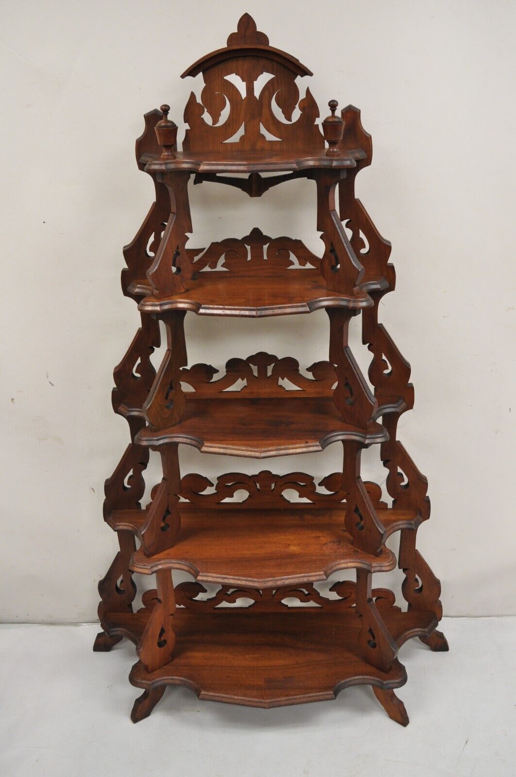 Antique Eastlake Victorian Carved Walnut 5 Tier Etagere Curio Whatnot Stand