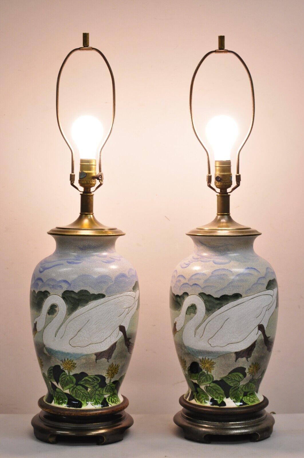 Vintage Chinoiserie Painted Swan Porcelain Ginger Jar Table Lamps - a Pair