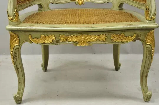 Antique French Louis XV Style Green Distressed Gold Gilt Cane Bergere Arm Chair