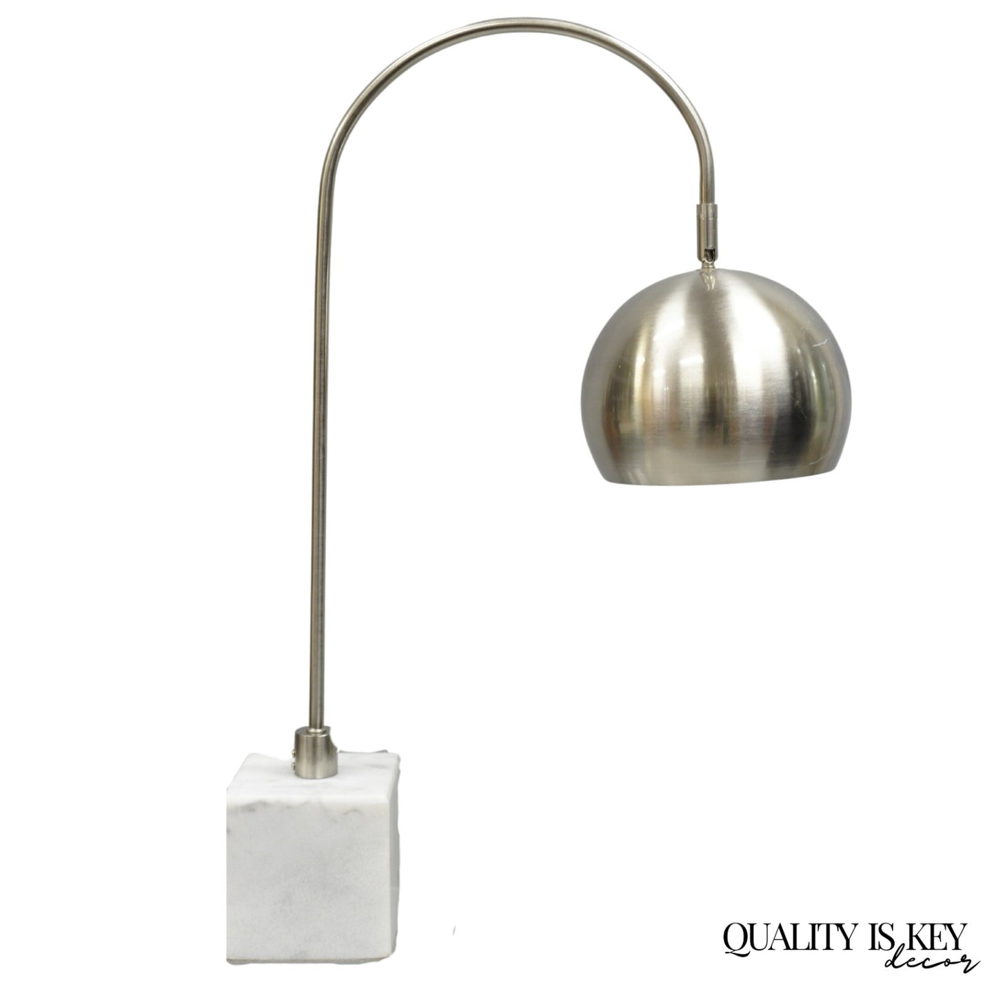 Contemporary Modern Satin Nickel Chrome Arc White Marble Base Desk Table Lamp