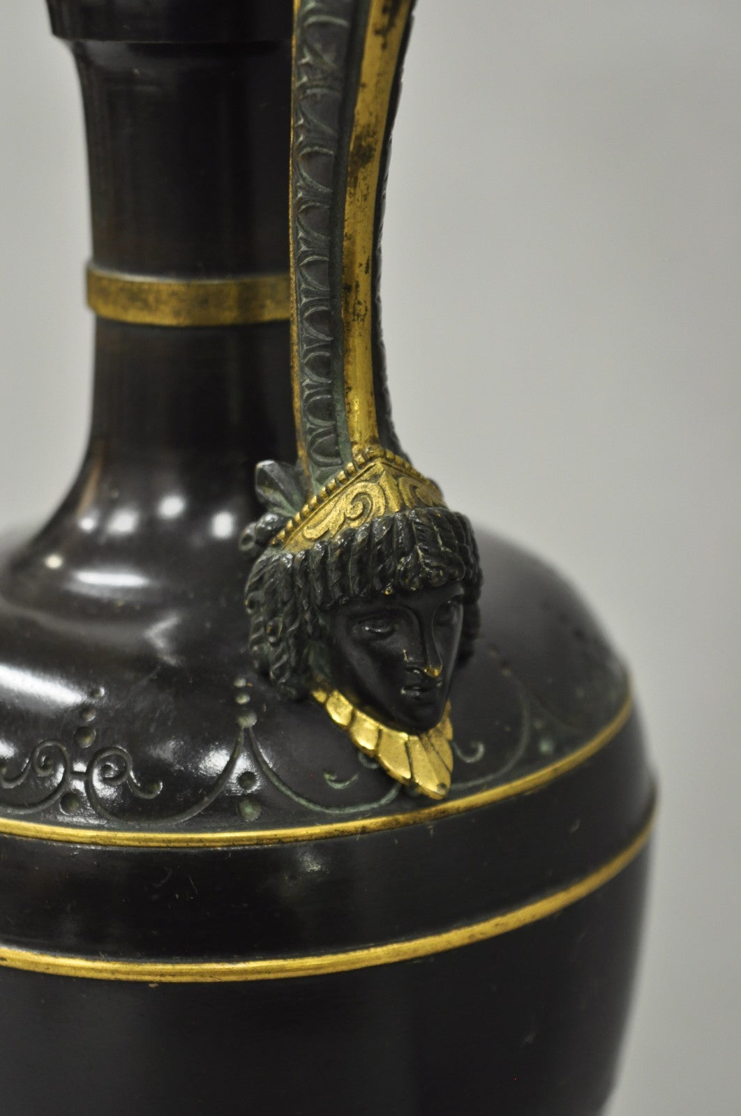 Antique French Neoclassical Patinated & Gilt Bronze Figural Ewer Urn Table Lamp