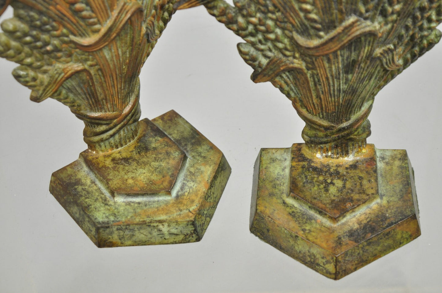 Vintage Art Nouveau Patinated Cast Metal Sheaf of Wheat Doorstop Bookends - Pair