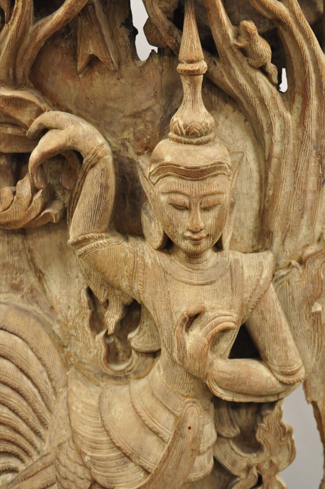 Vintage Burmese Carved Wood Oriental Large Figural Statue Sculpture on Base