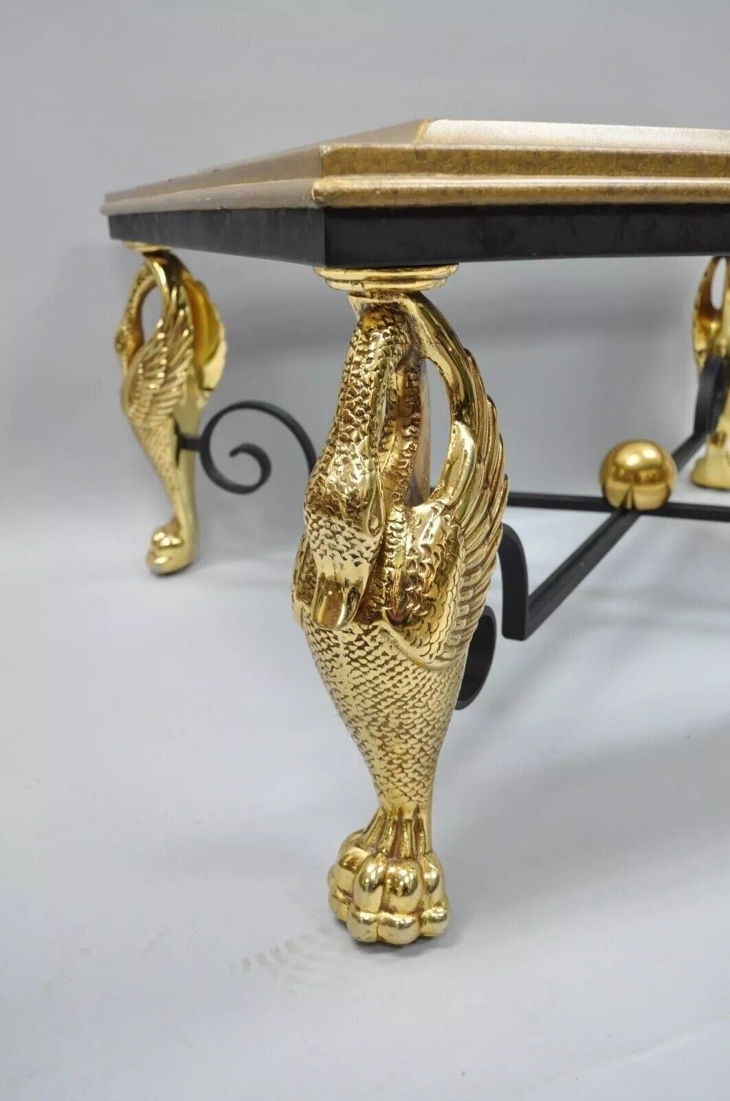 Regency Style Figural Swan Base Rectangular Iron and Glass Gold Coffee Table (A)