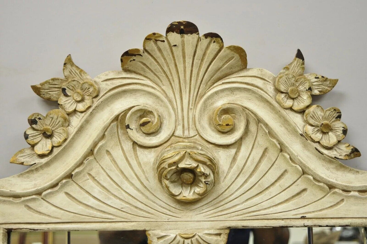 Antique Victorian White Shabby Distress Painted Chic Rose Carved Wall Mirror