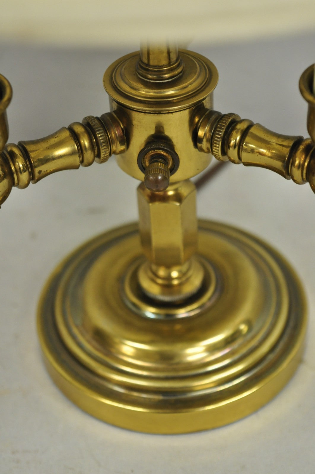 Vintage French Country Style Small Brass Candelabra Bouillotte Desk Lamp w Shade