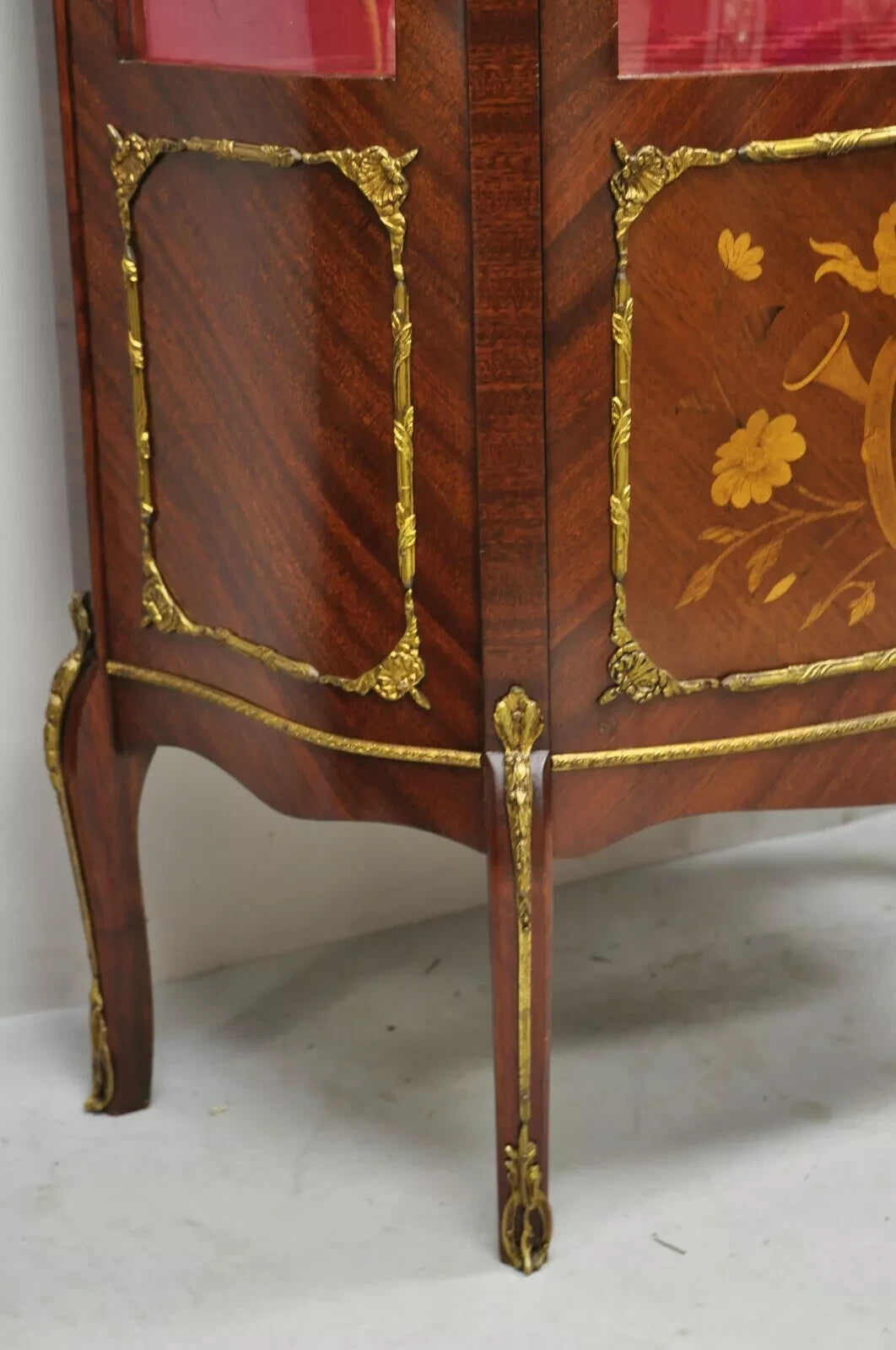 Vintage French Louis XV Style Small Bowed Glass Inlaid Curio Display Cabinet