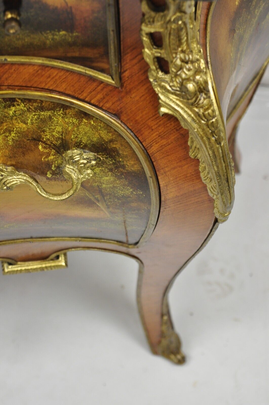 Vintage French Louis XV Style Marble Top Bombe Hand Painted Commode Chest