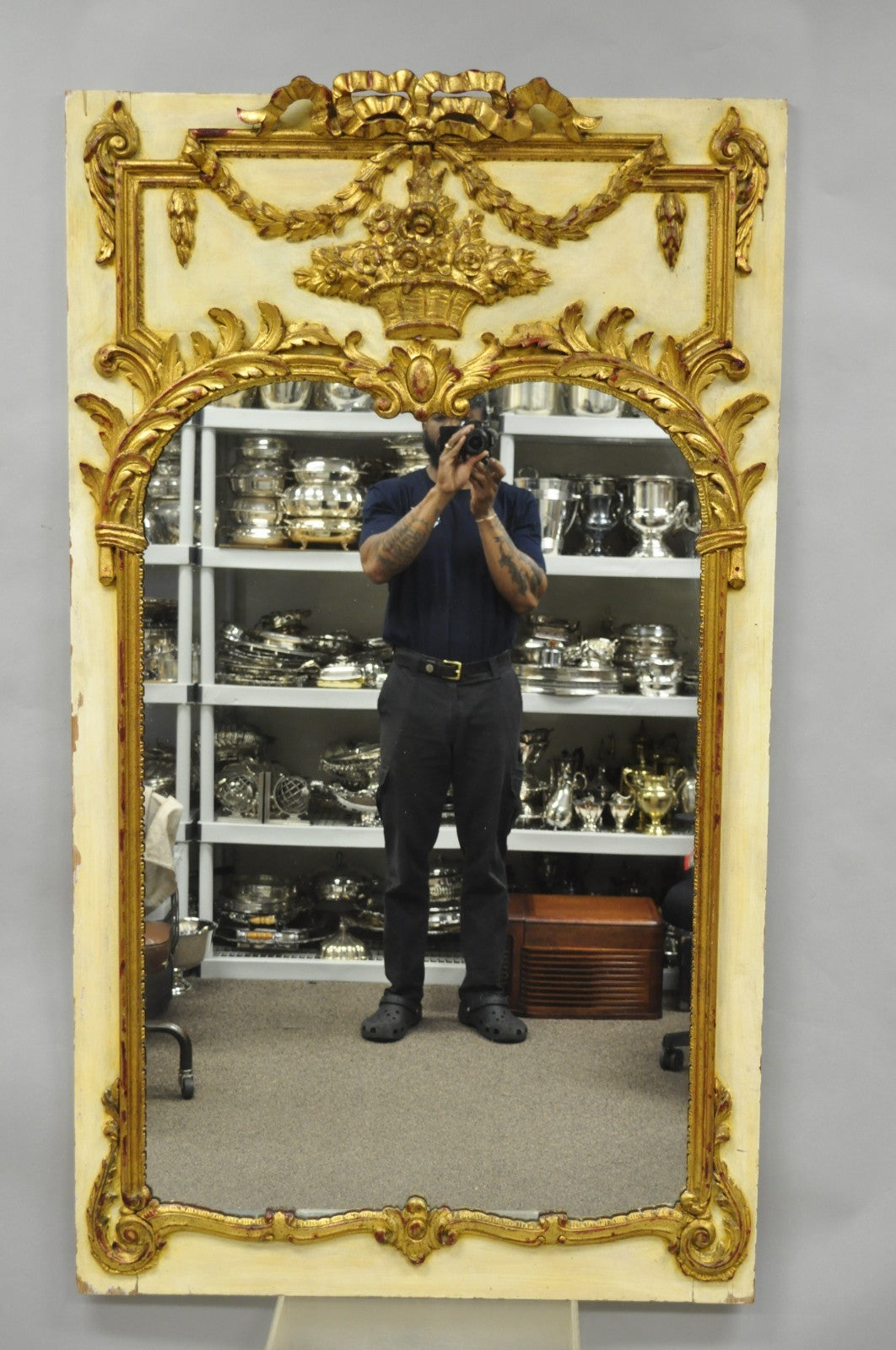 Antique French Louis XV Style Cream & Gold Gilt Drape Ribbon Trumeau Wall Mirror