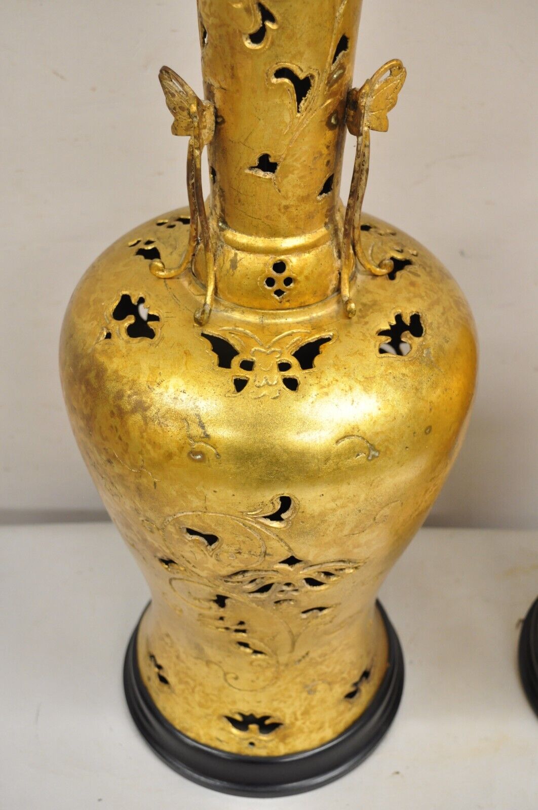 Vintage Chinoiserie James Mont Style Tall Gold Gilt Metal Table Lamps - a Pair