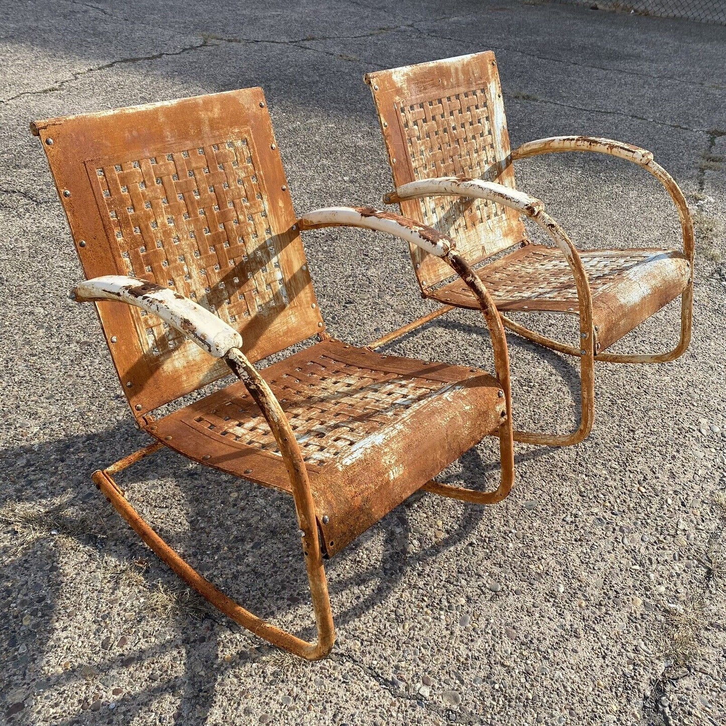 Vintage Art Deco Blue Metal Rusty Basketweave Patio Rocking Lounge Chair - Pair