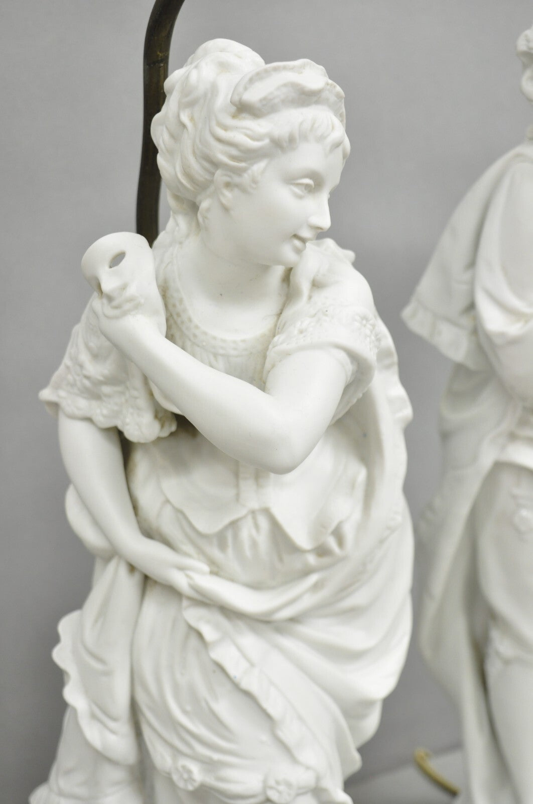 Victorian White Parian Porcelain Figural Bisque Man and Woman Table Lamps, Pair