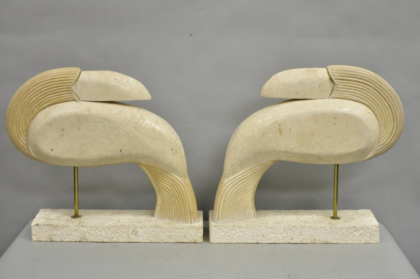Vintage Modern Tessellated Travertine Marble Stone Toucan Bird Sculpture - Pair