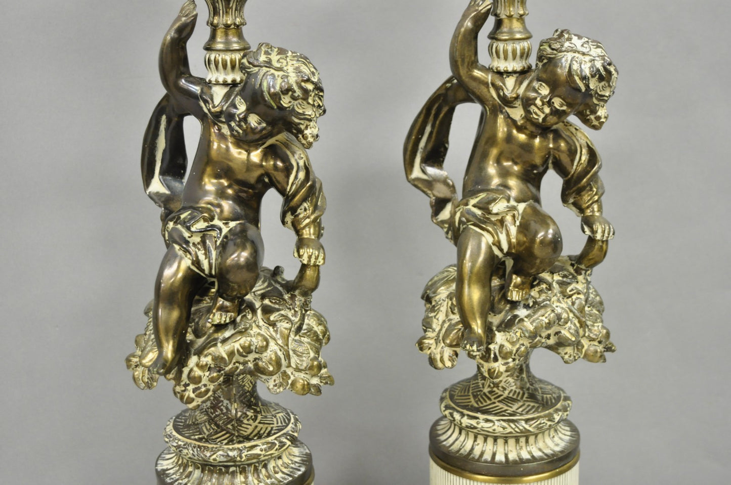 Vintage Hollywood Regency French Style Figural Cherub Metal Table Lamps - a Pair