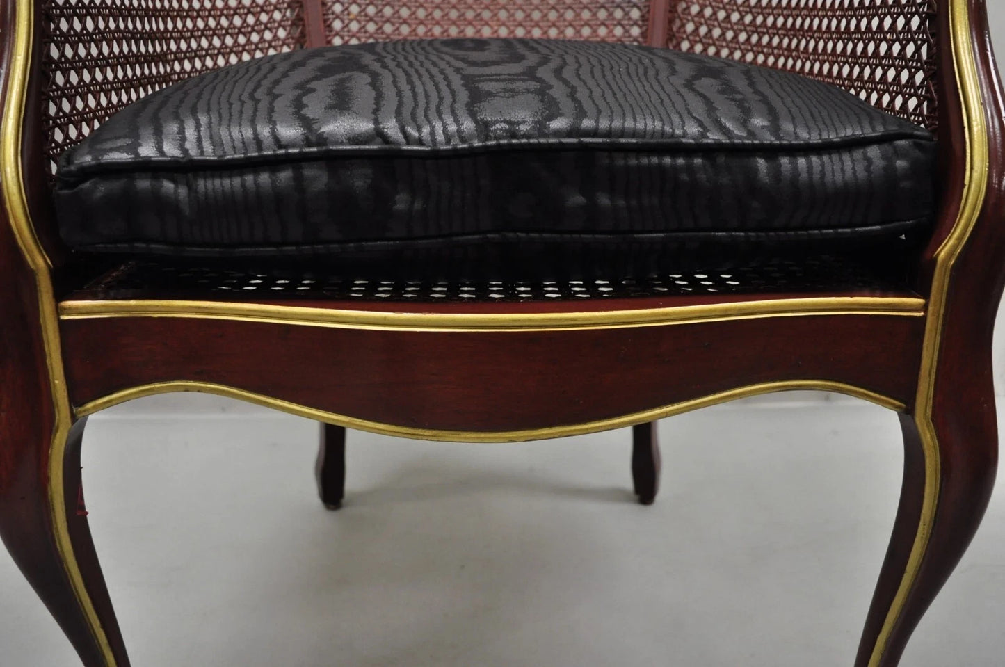 Vintage French Louis XV Style Red Lacquer & Gold Cane Bergere Lounge Club Chair