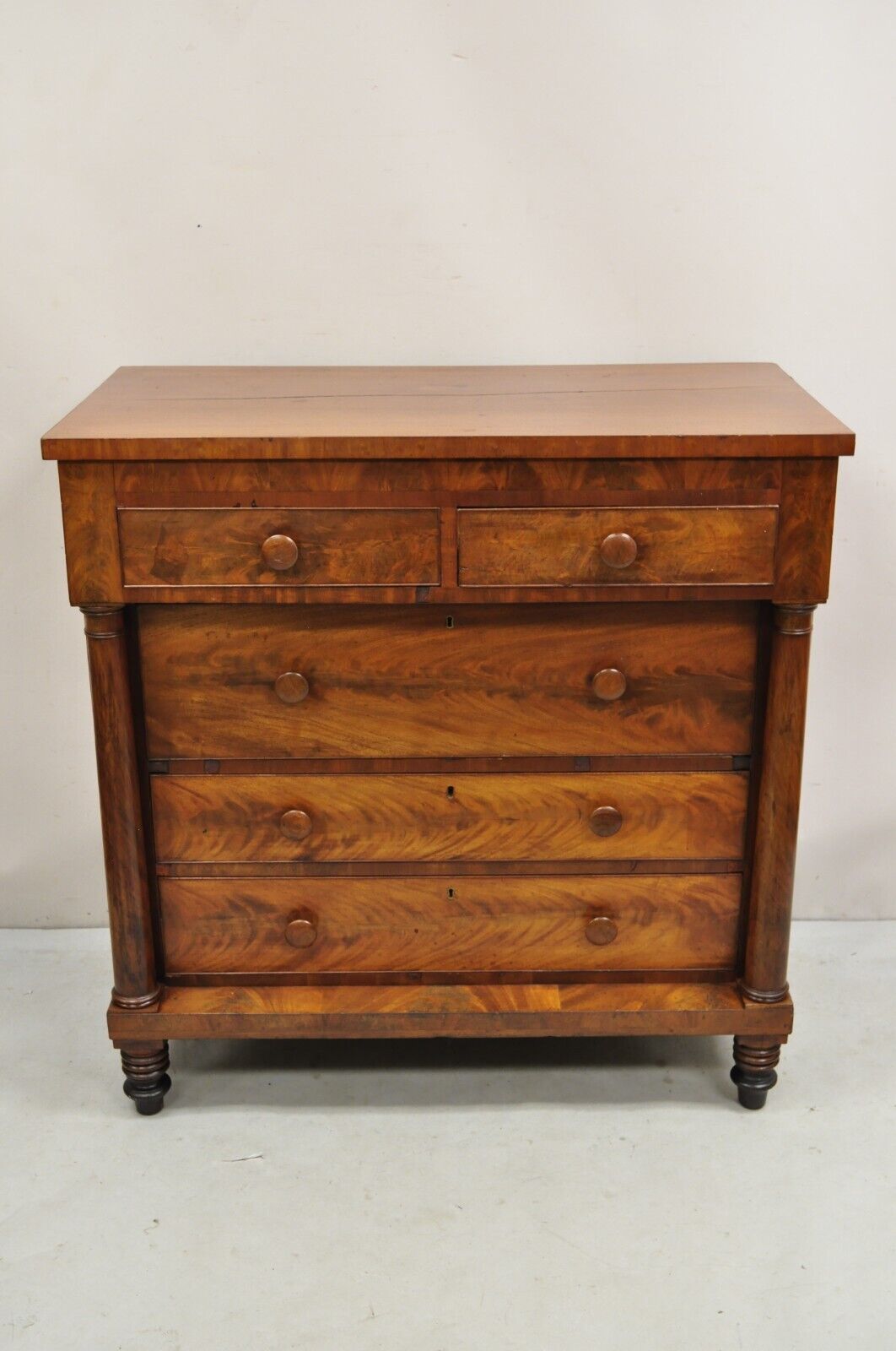 Antique American Empire Crotch Mahogany 5 Drawer Highboy Tall Chest Dresser