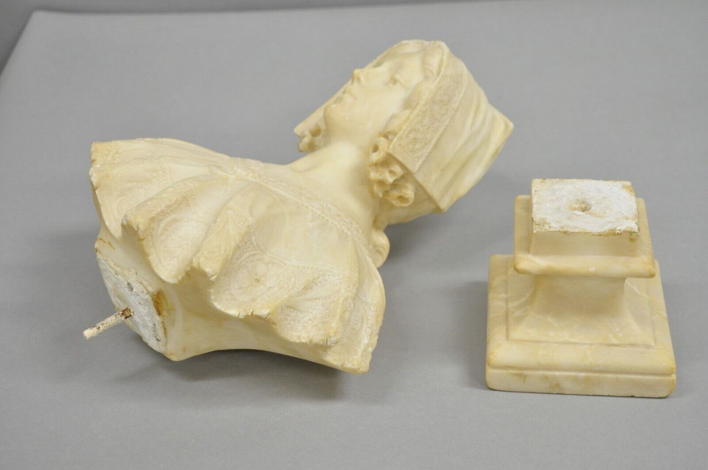 Antique Victorian Carved Alabaster Marble Figural Young Woman Maiden Bust Statue