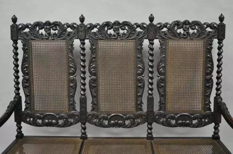 Jacobean Renaissance Barley Twist Cherub Carved Parlor Loveseat Bench Settee