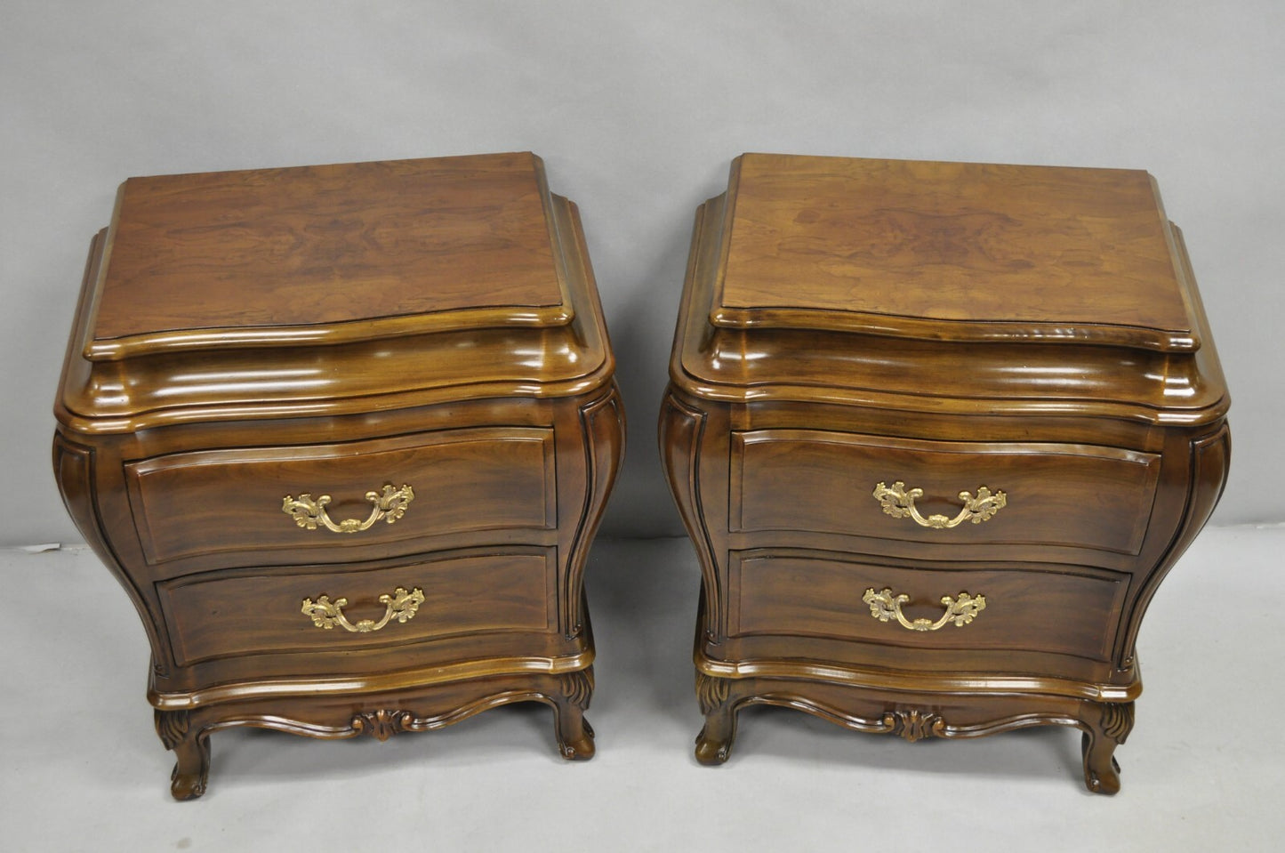 Karges French Louis XV Provincial Style Cherry Wood Bombe Nightstands - a Pair