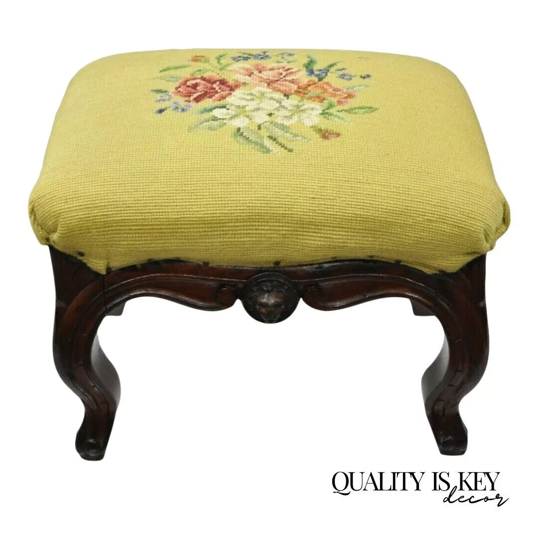 Antique Victorian Walnut Figural Lion Female Face Needlepoint Footstool Ottoman