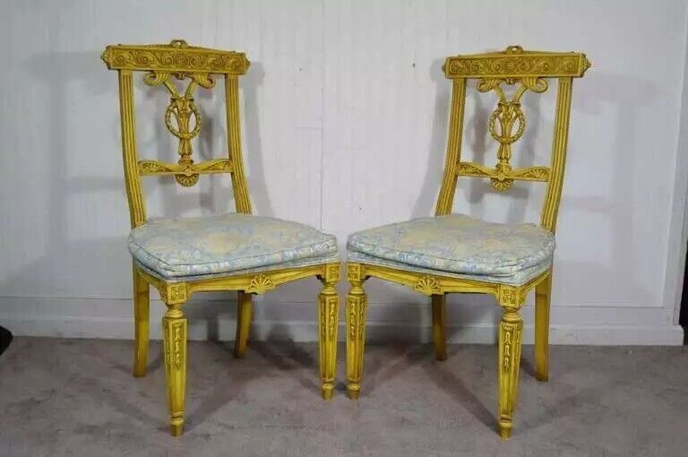 Vintage French Regency Louis XVI Yellow Carved Wood Dining Chairs - Set of 6