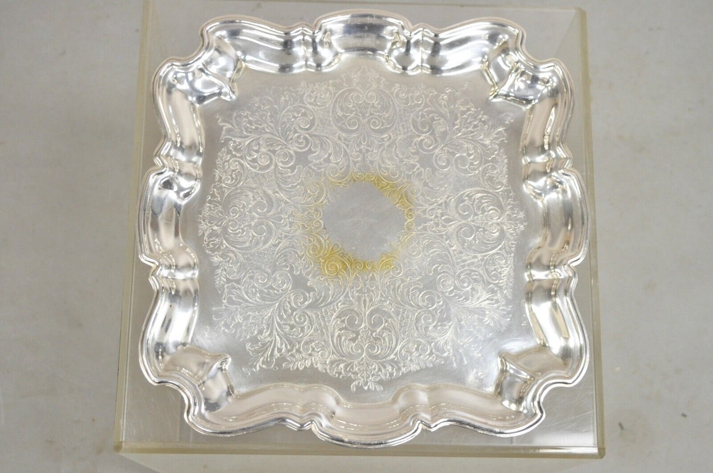 Vintage Victorian Style Silver Plated Scalloped Edge 15" Square Platter Tray