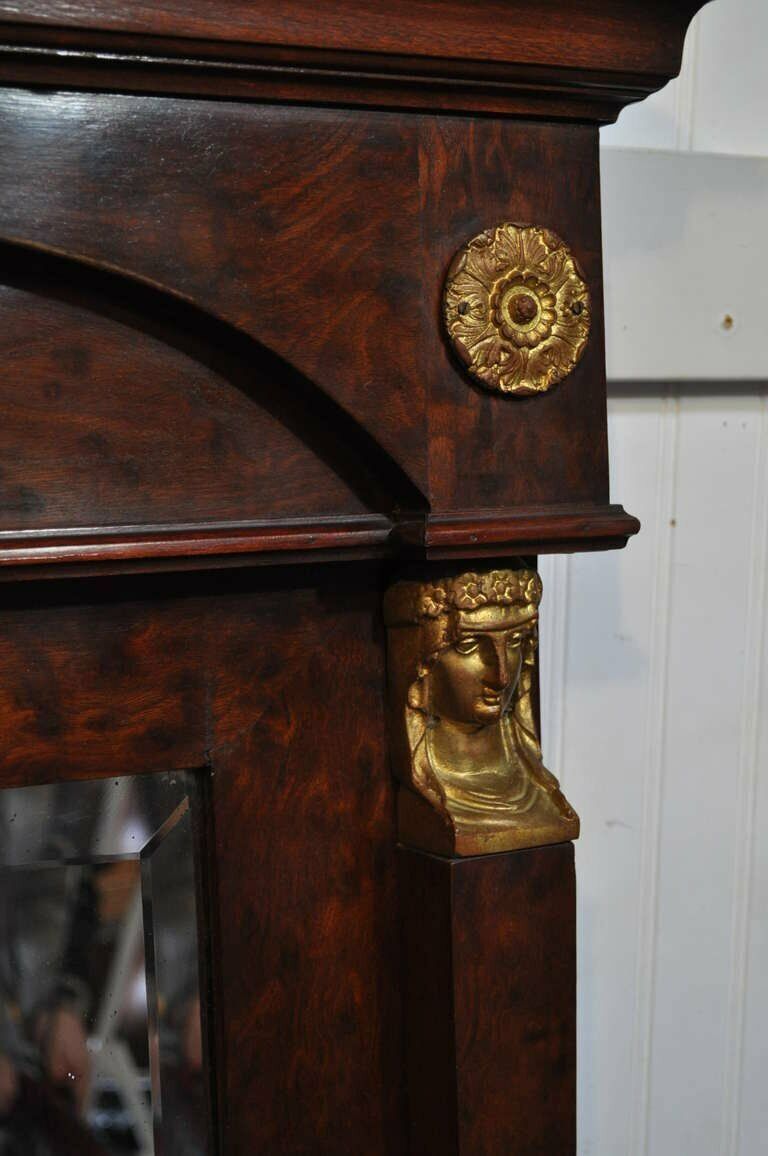 Antique French Empire Style Bronze Ormolu Burl Wood Large Trumeau Pier Mirror