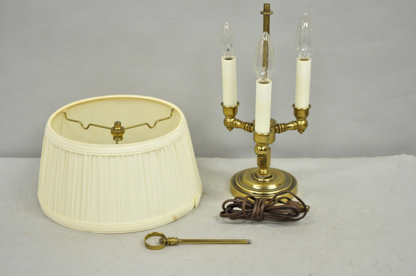 Vintage French Country Style Small Brass Candelabra Bouillotte Desk Lamp w Shade