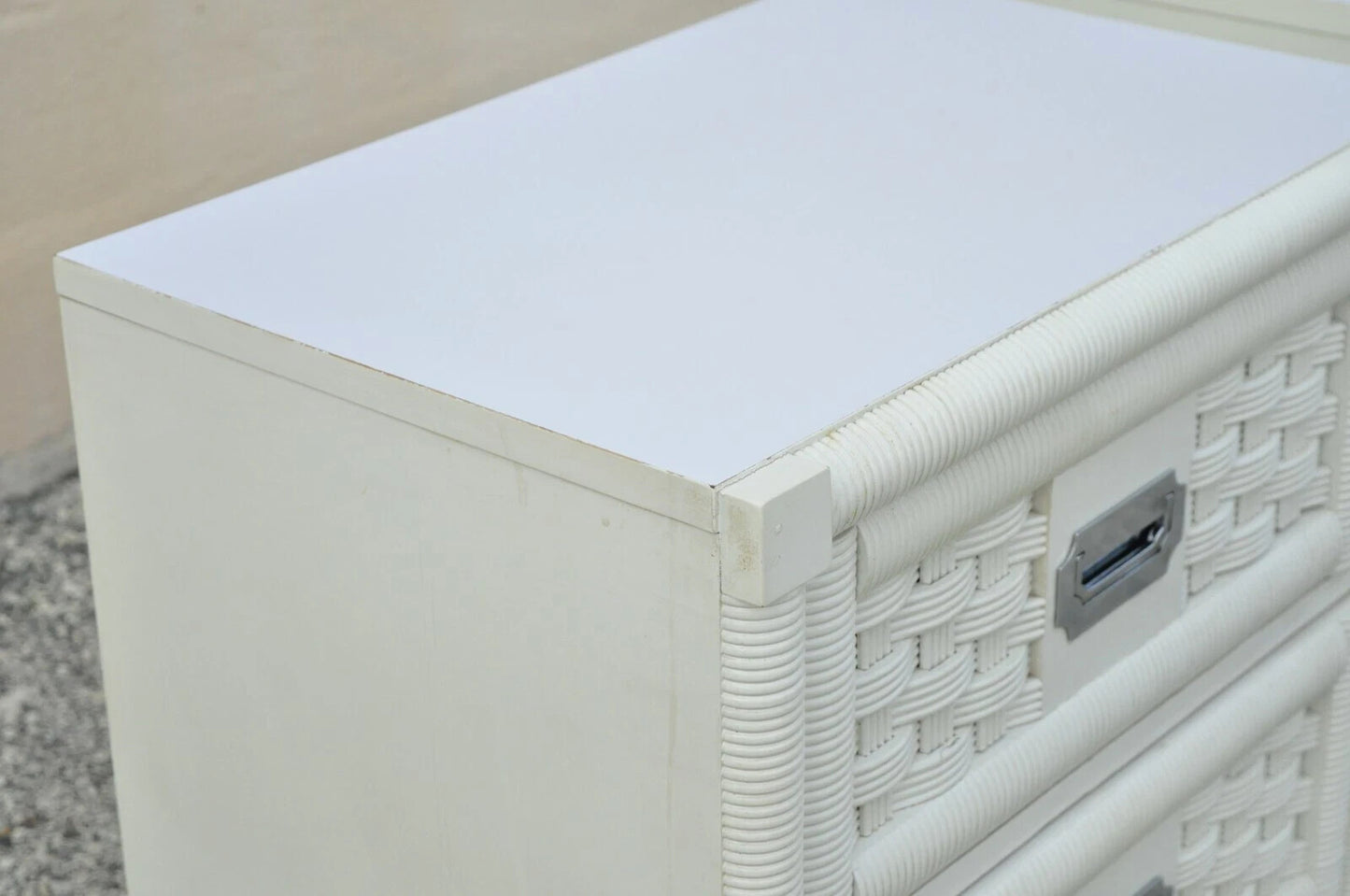 Vintage Hollywood Regency White Rattan Campaign Style Nightstands by Dixie Pair