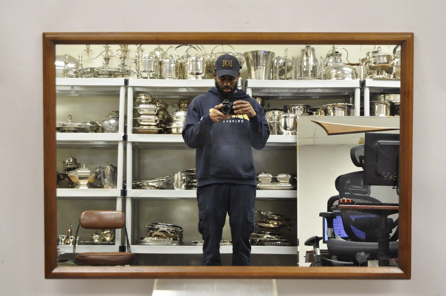 Vintage Mid Century Sculpted Walnut Wooden Rectangular Large Wall Mirror